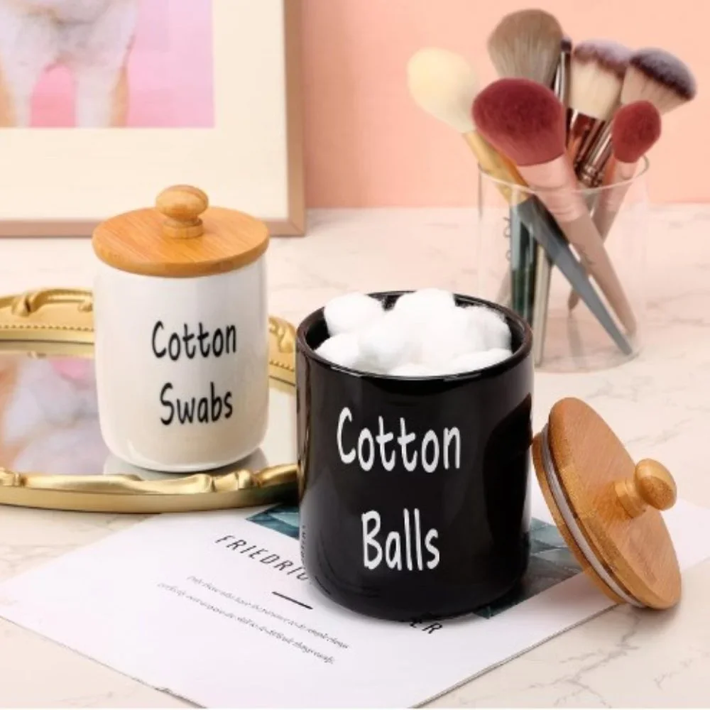 Set of 2 - Ceramic Bathroom Accessory Jars  (2 Sizes/ Black & White)